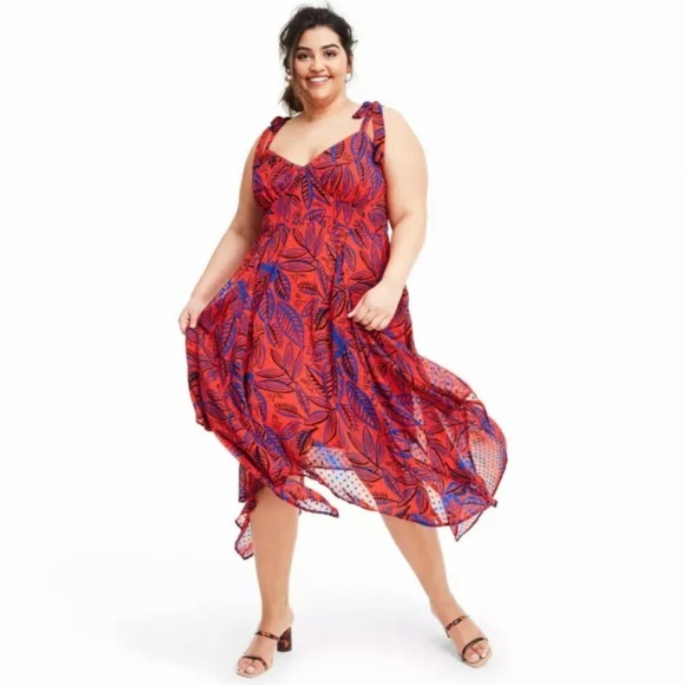 Alexis For Target Dress Size 2X Tropical Leaf Tie Strap Asymmetrical Orange NWT